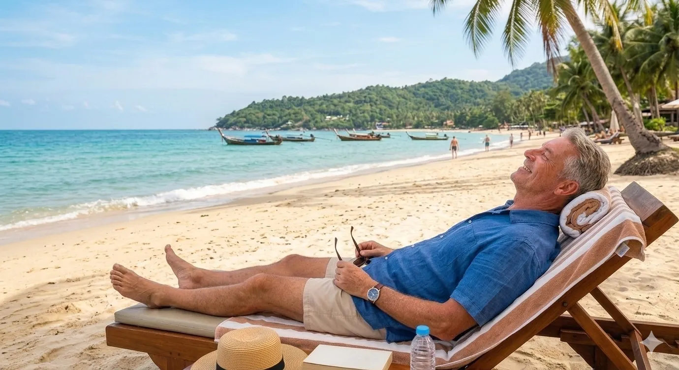 Retiree relaxing on a tropical beach with cocktail service